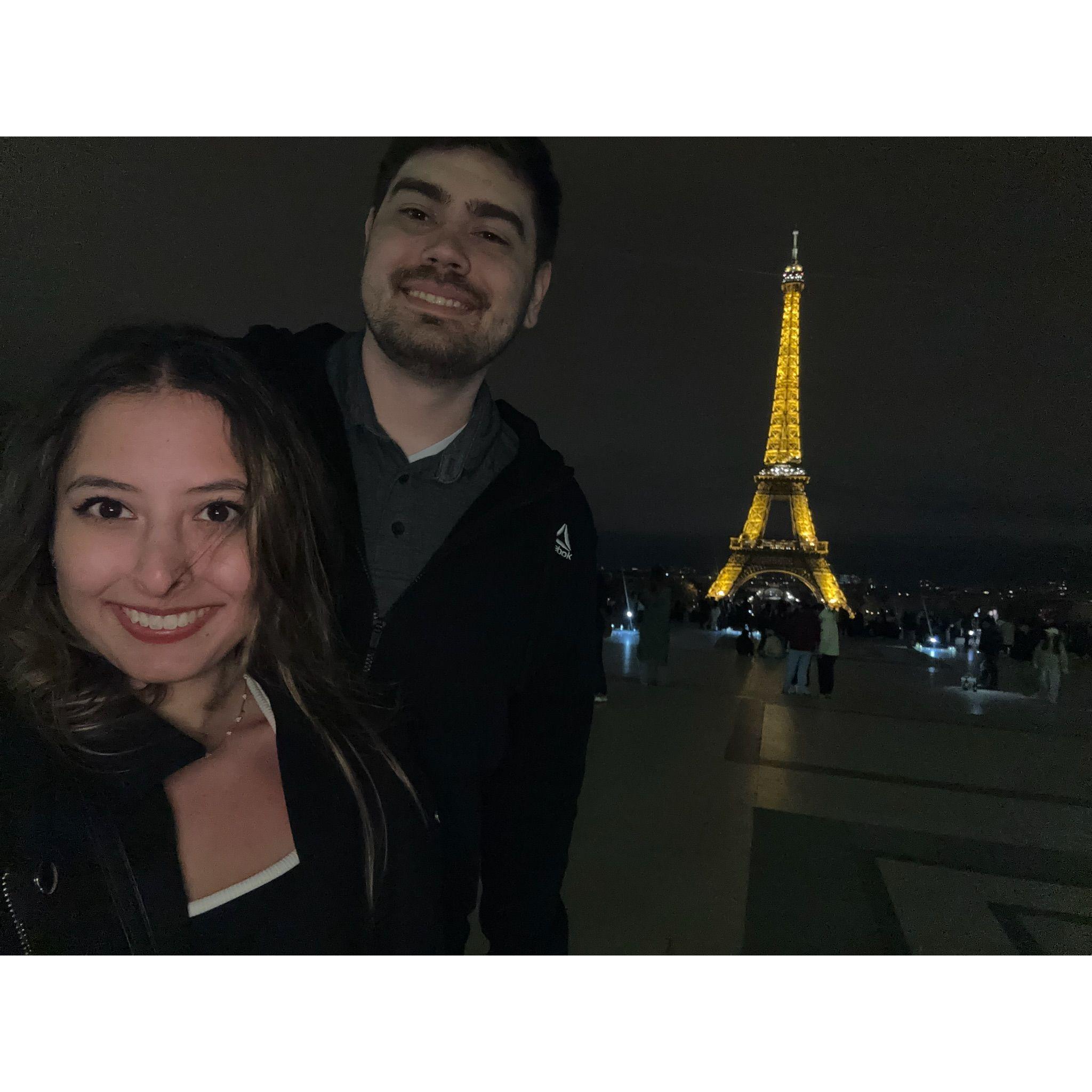 Seeing the Eiffel Tower at night after Clayton's birthday dinner