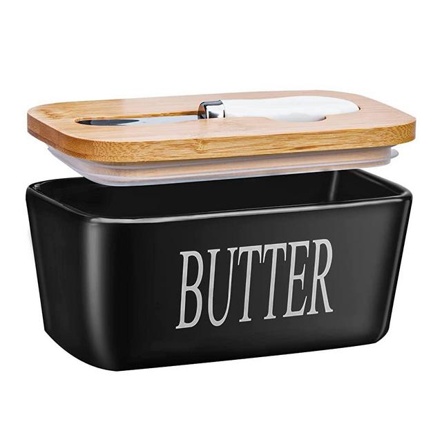 Butter Dish with Lid and Knife, Airtight Black Porcelain Butter Container, Large Ceramic Butter Storage with Sealing Covered for Countertop, Butter Dishes, JSHKY