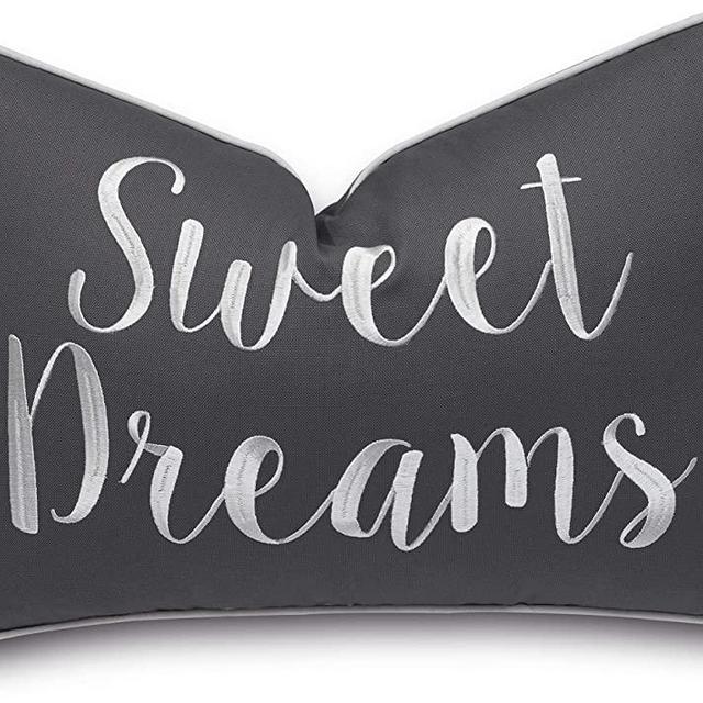 Rudransha Sweet Dreams Embroidered Lumbar Accent Throw Pillow Cover - Bedroom Decor - 12x18, Dark Grey-Ivory