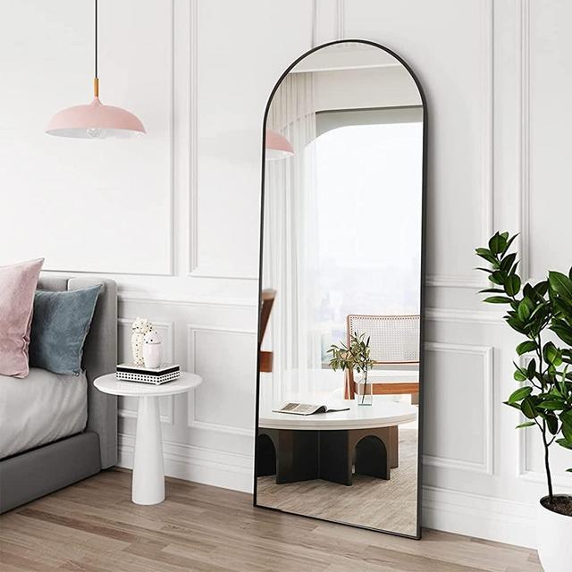 FVANF Floor Mirror, Arched Full Length Mirror Standing Hanging or Leaning Against Wall, Body Mirror for Bedroom, Wall-Mounted Mirror with Aluminum Alloy Frame, 65"x22" (Blck)