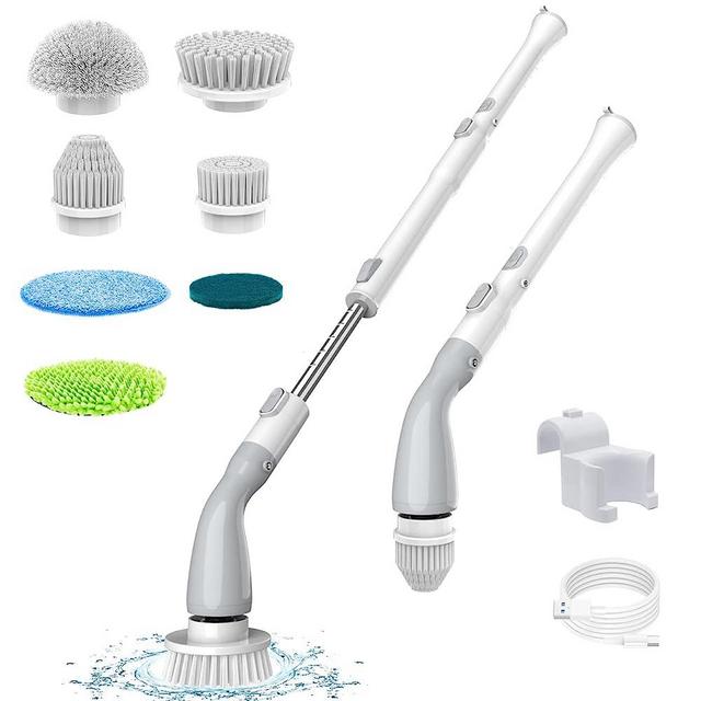 TUYU Electric Spin Scrubber with 7 Replaceable Brush Heads, 2023 New Cordless Cleaning Brush, Adjustable Extension Handle Electric Cleaning Brush for Bathroom, Tub, Tile, Floor Wall