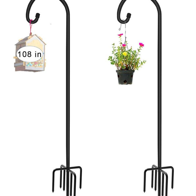 Artigarden 108 inch Outdoor Shepherd Hook with 5 Prong Base (2 Packs), Adjustable Heavy Duty Garden Hanging Stake for Bird Feeder Solar Light Plant Hanger Wedding Decor, Matte Black