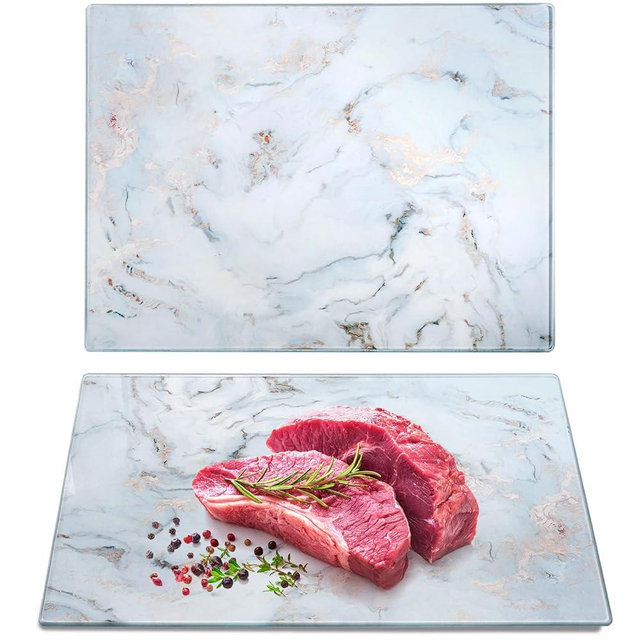 WRINGKIT Set of 2 Glass Cutting Board with Marble Pattern, Tempered Glass Chopping Board with Non-Slip Feet, 16"x 12" Large Glass Board for Countertop, Kitchen, Dishwasher Safe