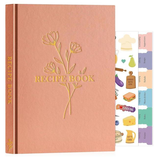 Lanpn Blank Recipe Book Cookbook to Write in Your Own Recipes, Waterproof B5 Empty Cooking Journal for 120 Recipes, Leather Cover Recipe Notebook with Stickers to Organize Your Family Recipes, Rose