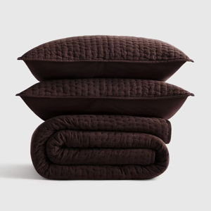 European Linen Cotton Stitch Quilt Set - Espresso, King/Cal King