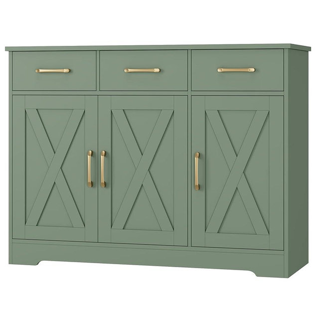 HOSTACK Modern Farmhouse Buffet Sideboard Cabinet, Barn Doors Storage Cabinet with Drawers and Shelves, Wood Coffee Bar with Storage for Dining Room, Kitchen, Living Room, Green