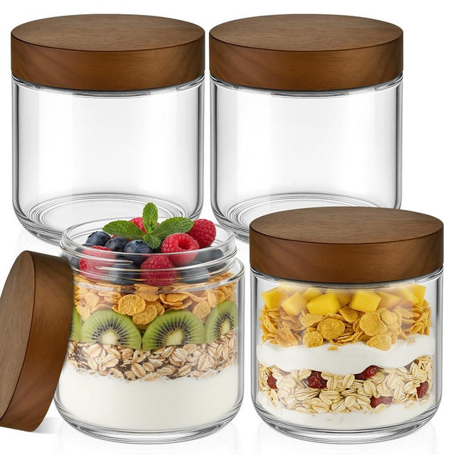 Bumobum 12 oz Glass Mason Jars with Lids, Glass Container with Acacia Wood Airtight Lid, Wide Mouth Canisters for Chia Pudding Meal Prep Parfait Salad Snacks Yogurt Spice, 4-Pack