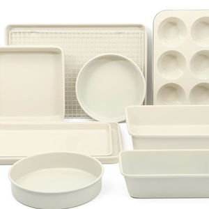 Martha Stewart Gallen 10 Piece Baking Pans Ceramic PFA Free Non Toxic Non Stick Bakeware Set - Linen White