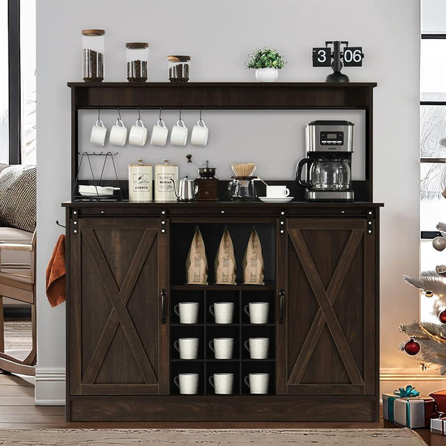 Farmhouse Coffee Bar Cabinet with 6 Hooks, Kitchen Buffet Cabinet with 9 Wine Racks, 47” Coffee Bar Table with Sliding Barn Door, Wine Bar with Adjustable Shelves for Dining Living Room, Dark Oak