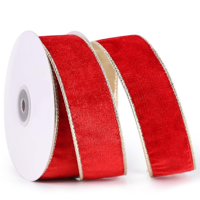 DINDOSAL Red Velvet Wired 1.5" x 10 Yards Christmas Wired Ribbon with Gold Backside, Red and Gold Christmas Ribbon for Tree Decorations, Wreaths, Crafts, Home Decor, Gift Wrapping