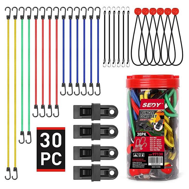 SEDY 30-Pieces Premium Bungee Cords Assortment Jar, Includes 10”, 18”, 24”, 32”, 40” Bungee Cords & 8” Canopy/Tarp Ball Ties & 4 Crocodile Mouth Tarp Clips