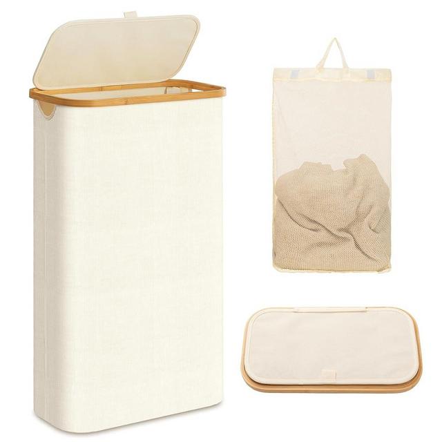 UBBCARE Laundry Hamper with Lid, 60L Slim Laundry Hamper with Removable Bag, Collapsible Dirty Clothes Basket for Bedroom, Bathroom, Laundry Room, Dorm, Beige