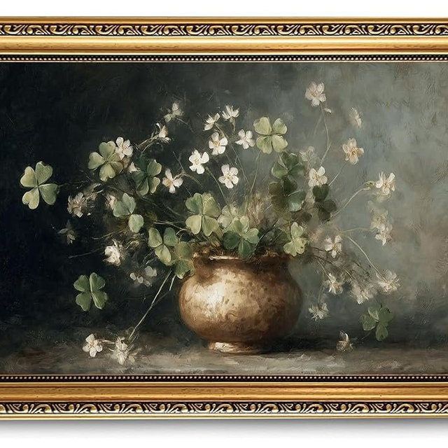 Gold Framed Wall Art Vintage Wall Decor Botanical Canvas Art Clovers Pictures White Floral Still Life Paintings Antique Artwork Vase Prints for Living Room Bedroom Dining Room