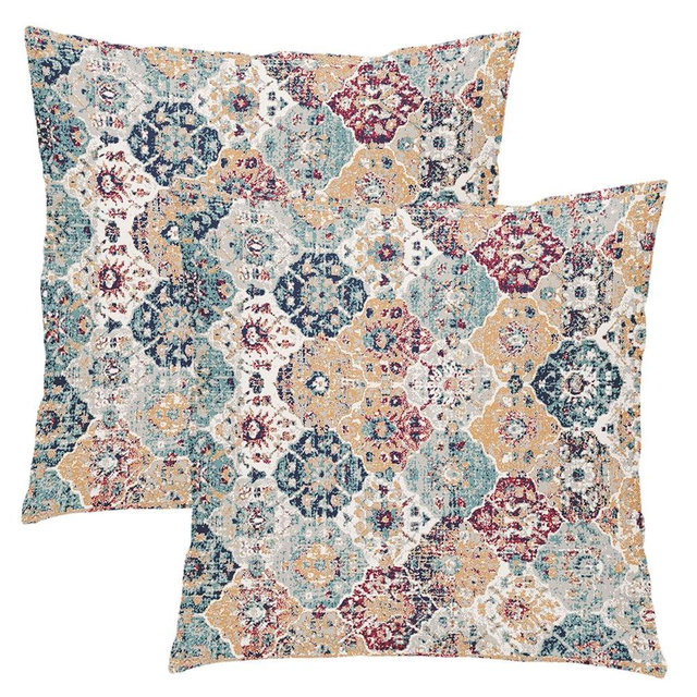 aportt Teal Red Orange Blue Ethnic Boho Pillow Covers 18X18 Inch Bohemian Carpet Vintage Couch Pillow Cases Rust Coral Throw Pillows Set of 2 Home Decor for Room Bedroom Outdoor Porch Patio Cushion