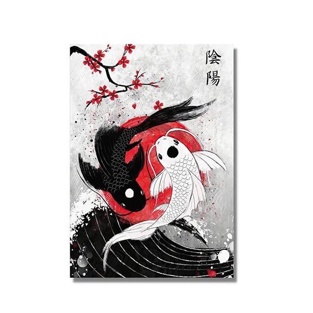 Japanese Koi Fish Wall Art - Yin Yang Wall Decor Cherry Blossoms Canvas Wall Art Painting Poster Black White and Red Picture Home Decor Unframed (12x18inches/30x45cm)