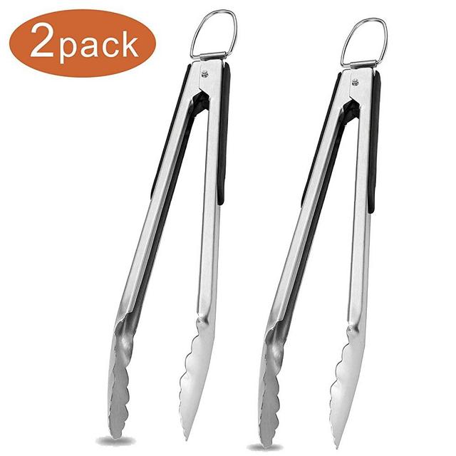 GRILLJOY 2PC Heavy Duty Stainless Steel Locking Kitchen Tongs Set – 14.4IN Non-slip Cooking Tongs Set for Grabbing, Turning and Serving Food - Great for Cooking/Grill/Barbecue - Set of 2 Sturdy Tongs