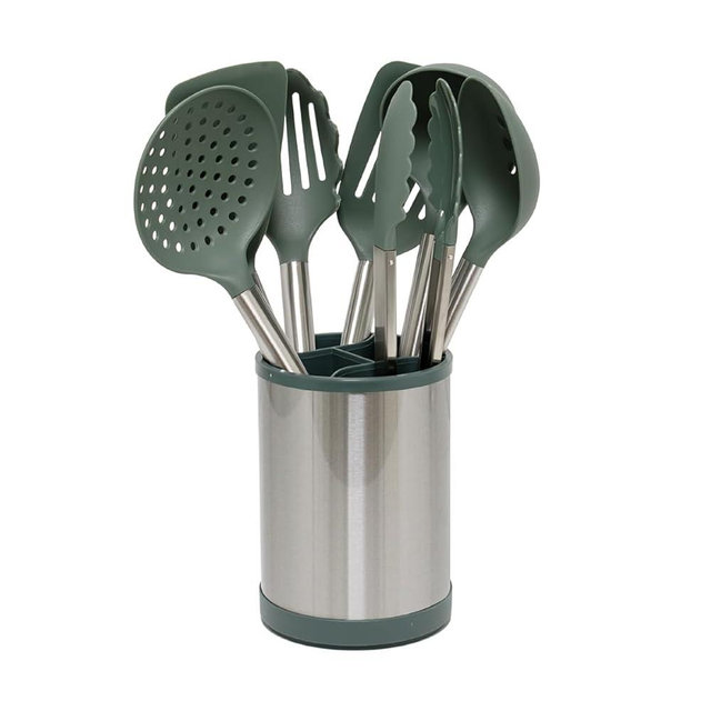 Glad Kitchen Utensils Set, 8pcs - Nonstick Cooking Tools with Stainless Steel Handles & Rotating Utensil Holder - Turners, Ladle, Spoon, Tongs, Spaghetti Server, and Skimmer - Dishwasher Safe, Green