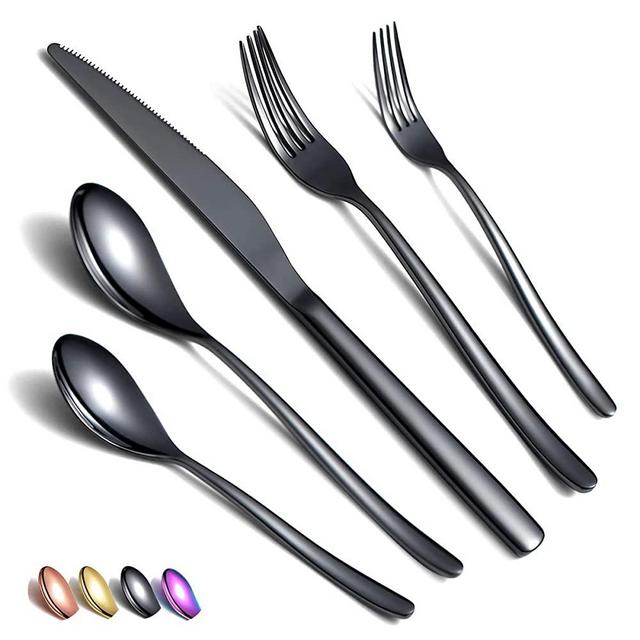 Amazon Brand Black Flatware Set 20 Pieces, Stainless Steel Black Silverware Set, Titanium Plating Black Cutlery Set, Black Utensil Sets Service Set for 4 (Shiny Black)
