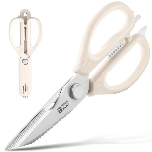 Multi-Purpose Kitchen Scissors - Heavy-Duty Kitchen Shears with Magnetic Safety Sheath - Stainless Steel Blades, Comfortable Grip - Meat Cutter, Peeler, Scaler, Bottle Opener, Nut Cracker Functions