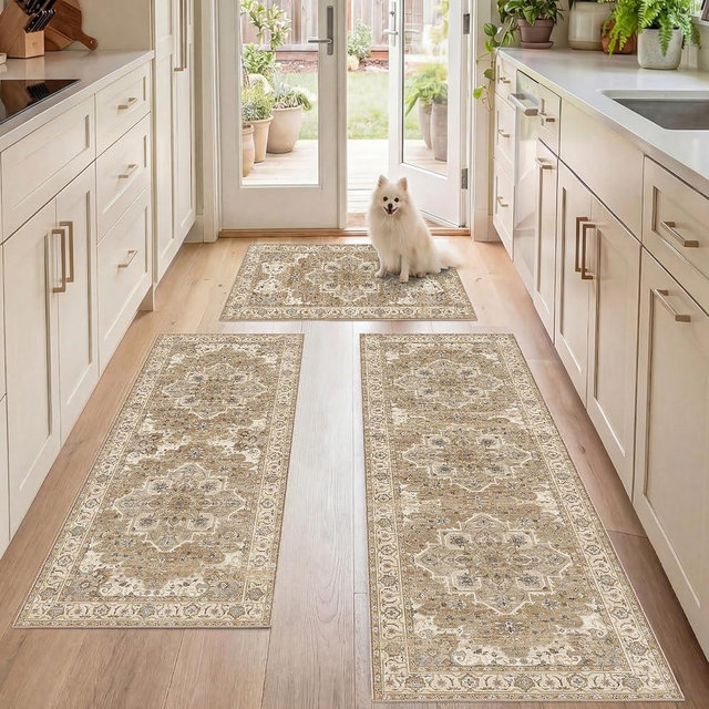 Articosy Kitchen Rugs Sets 3 Piece with Runner, Washable Non Slip Soft Boho Kitchen Mats, Low Pile Stain Resistant Carpet for Hallway, Laundry Room, Entryway (20"x32"+20"x48"+20"x59", Beige Cream)