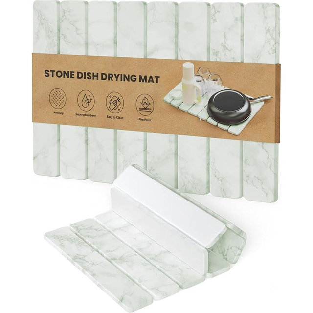 Stone Drying Mat for Kitchen Counter - Collapsible Diatomaceous Earth Dish Drying Stone - Fast Absorbent Stone Dish Drying Mat for Dishes and Pots (Sage Green)