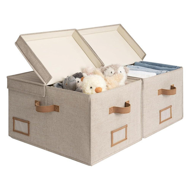 StorageWorks Large Clothes Storage Bins, Fabric Boxes with Divider Board, Baskets for Clothes, Linen Closet Organizers with Lid, Mixing of Brown & Beige, 2-Pack