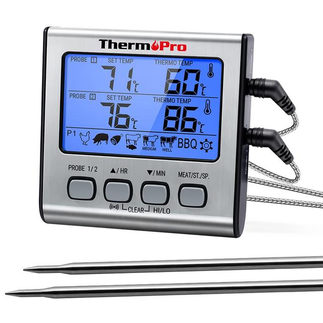 ThermoPro TP-17 Dual Probe Digital Cooking Meat Thermometer Large LCD Backlight Food Grill Thermometer with Timer Mode for Smoker Kitchen Oven BBQ, Silver