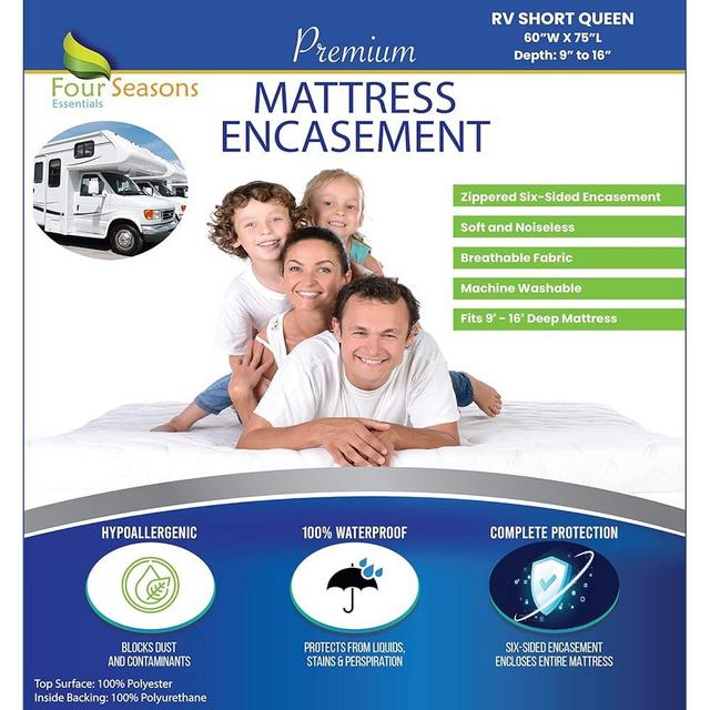 RV Short Queen Mattress Protector (60" Wx75 L) Waterproof Zippered Encasement Hypoallergenic Premium Bed Cover Protects Against Bedbugs Dust Allergies