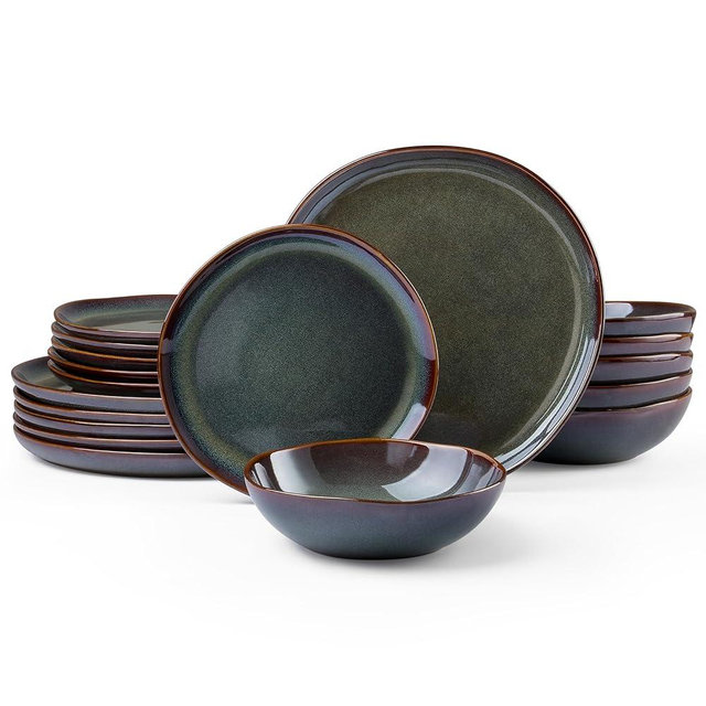 HaWare Plates and Bowls Set, Stoneware Dinnerware Sets, 18-Piece Hand-painted Dish Set for 6, Ceramic Dishware for Home Kitchen, Scratch Resistant, Microwave and Dishwasher Safe, Reactive Moss Green