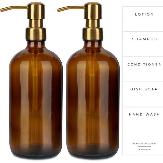 Emerson Essentials Glass Soap Bottle Dispensers, 2 Pack, Stainless-Steel Pumps Rust-Free, Hand Set for Bathroom Kitchen Sink, Liquid Lotion Shampoo Jars with 4 Waterproof Labels, 16 Oz Amber/Gold