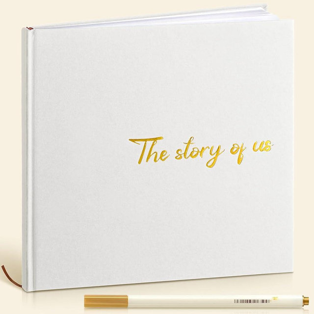 Colarr Hardcover Couples Scrapbook 144 Pages 8.7 x 8.7" Valentine Couples Photo Album Scrapbook Journal for 1 Year Wedding Memory Anniversary Photo Book Gift with 2 Markers(White)