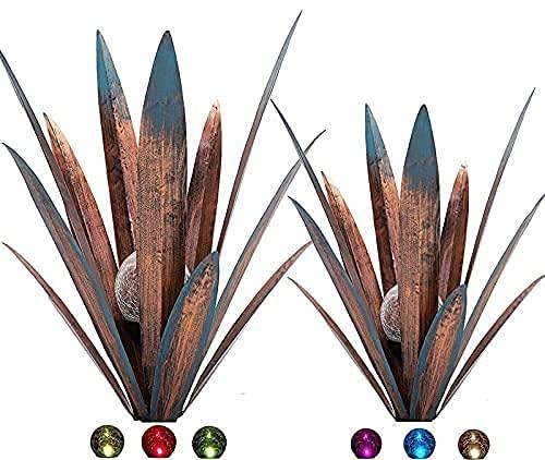2pcs Tequila Rustic Sculpture Metal Agave Plant Home Decor Rustic Hand Painted Metal Agave Garden Ornaments Outdoor Decor Figurines Home Yard Decorations Lawn Ornaments（Multi-Color LED Solar Light ）