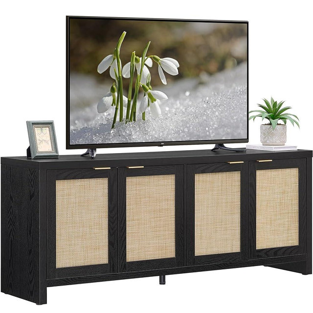 SICOTAS TV Stand for Living Room Boho Entertainment Center for Bedroom with 4 Rattan Cabinets Farmhouse Television Stands with Storage Large Media Console Table for TVs up to 45 50 55 60 65 Inch
