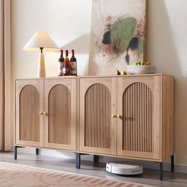 Sideboard Buffet Cabinet with Storage, 61.75" W Modern Arched Cabinet with Adjustable Shelves, Wooden Coffee Bar for Living Dining Room, Natural