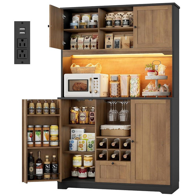 FINETONES 71" Pantry Cabinet with LED Light and Charging Station, Kitchen Pantry Cabinet with Microwave Stand, Kitchen Hutch Food Storage Cabinet with Outlet and Wine Racks, Black/Brown