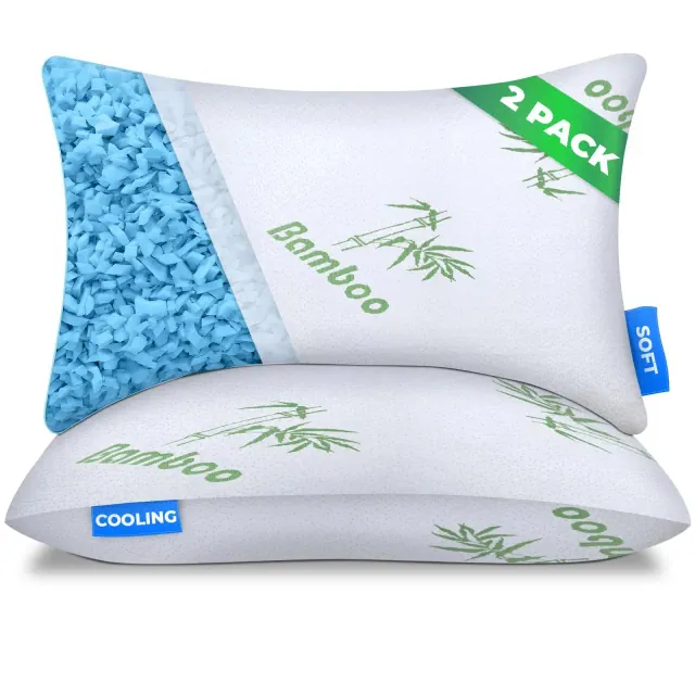 Sleepavo Adjustable Shredded Memory Foam Pillows Queen Size Set of 2 - Extra Soft Cooling Bed Pillows for Sleeping - 2 Pack, Rayon Derived from Bamboo