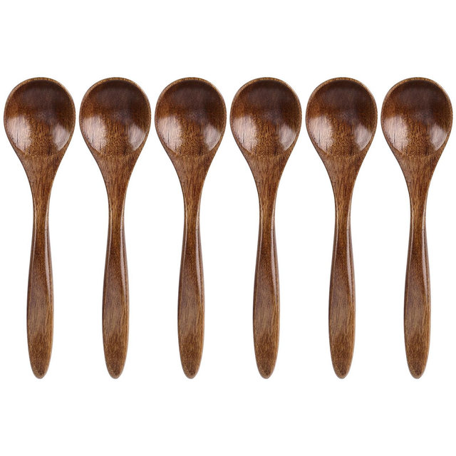 Unique Bargains Wooden Natural Grain Home Kitchen Soup Oil Salt Sugar Dining Spoons 5.5" Length Brown 6 Pcs