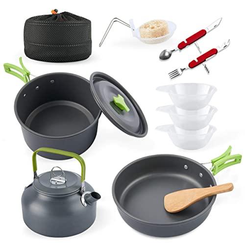 Eat-Camp Camp Cookware Set with Kettle 12 PCS Aluminum Lightweight Camping Cookware Mess Kit Pots Pan Free Folding Spork Knife Spoon for Outdoor Camping Backpacking Hiking Picnic