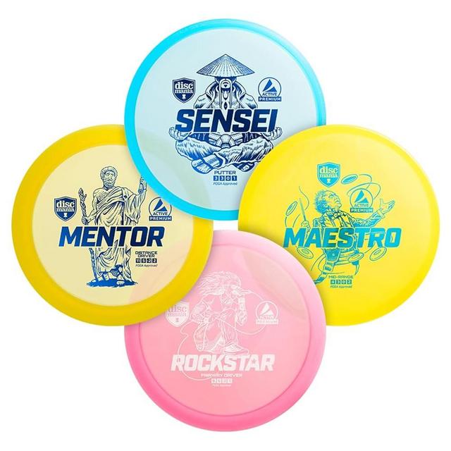 Discmania Disc Golf Starter Kit (4 Pack) | Active Premium Beginner Disc Golf Set | Sensei, Maestro, Rockstar & Mentor | Premium Plastic, Easy to Throw | Ideal Gift for New Players (Colors May Vary)