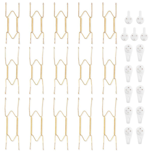 Bilillo 15-Piece Stainless Steel Wall Plate Hangers, 6/8/10 Inch Invisible Decorative Wire Plate Holders with 15 Pieces Wall Hooks for 5.5 to 10.5 Inch (Gold)