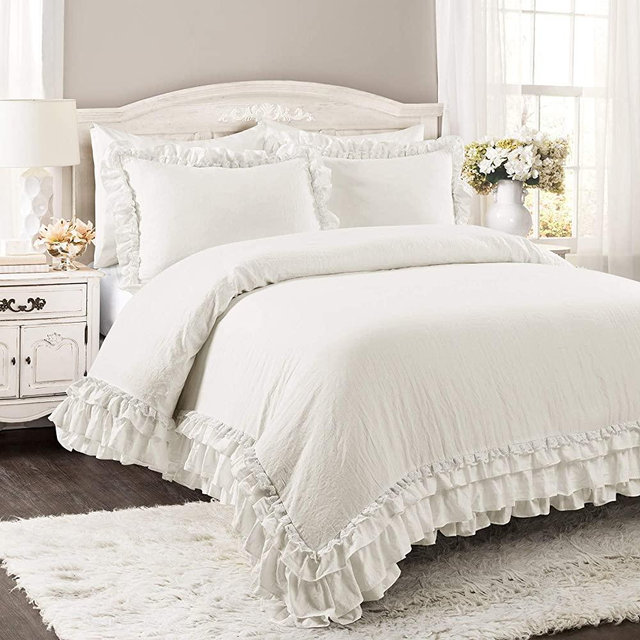 Lush Decor, White Ella Vintage Chic Ruffle Lace 3 Piece Comforter Set, King
