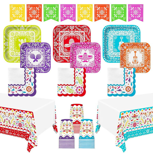 Fiesta Party Supplies Kit for 24 - Ultimate Celebration Pack Including Paper Plates, Napkins, Cups, Tablecloth & Banner | Ideal for Mexican Birthday, Taco, & Cinco de Mayo party Decorations