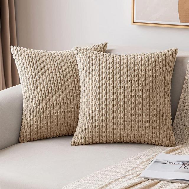 MIULEE Throw Pillow Covers Soft Corduroy Decorative Set of 2 Boho Striped Pillow Covers Pillowcases Farmhouse Home Decor for Couch Bed Sofa Living Room 18x18 Inch Tan