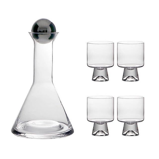 Sempoda Bedside Water Carafe and Glass Set, 39oz Multifunctional Vintage Glass Carafe Set with 4 Cups, Thickened Glass Cold Water Bottle with Stable Base for Bedroom(Transparent)