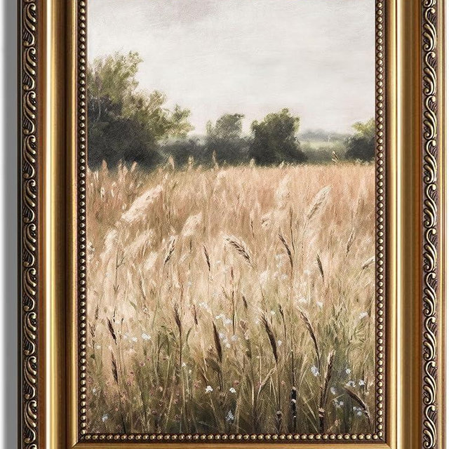 ASTRDECOR Vintage Wildflower Wall Art, Gold Framed Wall Art Farmhouse Wall Decor Wildflower Field Landscape Oil Painting, Neutral Spring Country Scenery Pictures Wall Decor, Vintage Artwork - 12"x16"