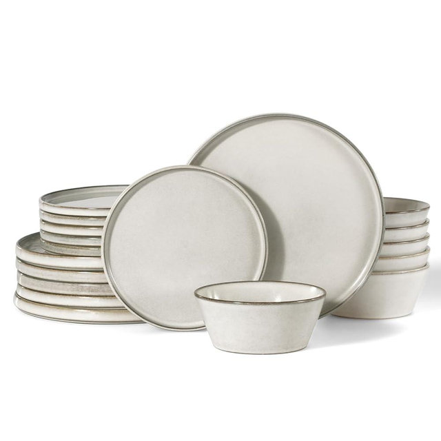 Famiware Annecy Dinner Plates and Bowls Sets, Stoneware Dinnerware Sets, Dishes Set for 6, 18 Pieces Handmade Dishware Set - Microwave & Dishwasher Safe, Double Reactive Glaze Tableware, Grey-White