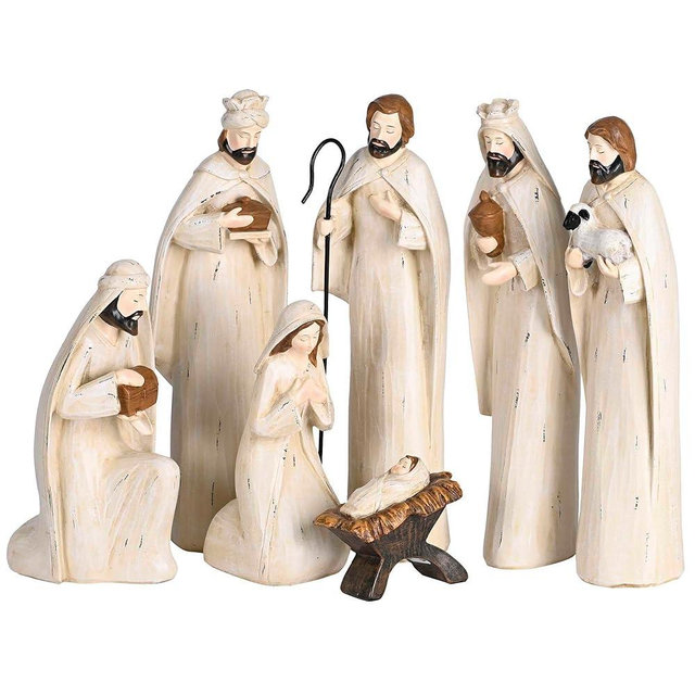 Dicksons Nativity Scene Figurines Christmas Décor 3.5 x 11.25 Inch Resin Holy Family White Carved Mock Set of 7
