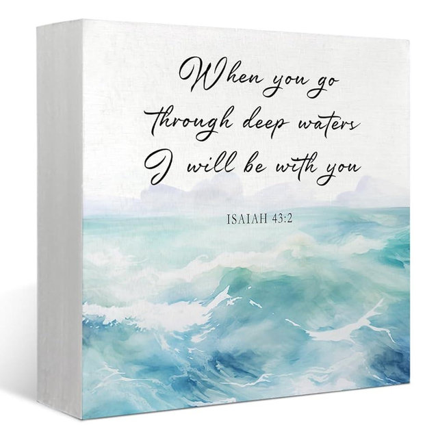 FLVGE Christian Decor - Bible Verse Watercolor Ocean Wooden Box Sign, When You Go Through Deep Waters, Isaiah 43:2 Scripture, Inspirational Home Desk Shelf Decor, 5x5