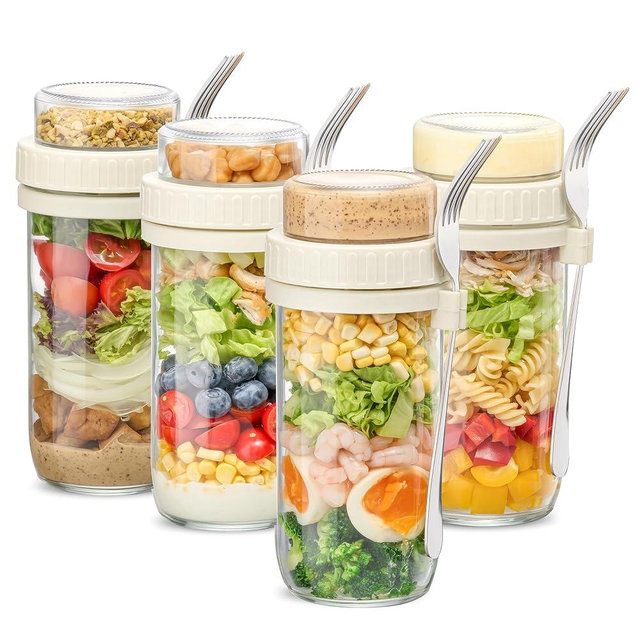 Danmu 24 oz Glass Meal Prep Containers 4-Pack with Lid & Dressing Cup - Leak Proof Salad Jars & Overnight Oats Containers with Lids Stainless Steel Fork Included for On the Go Lunch, Work, Fitness