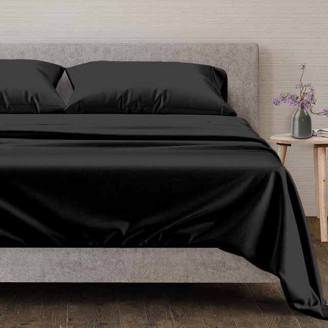 Mayfair Linen 100% Egyptian Cotton Sheets Full Size Bed Set - 4 PC 600 Thread Count Full Sheets Set Egyptian Cotton (Black), Extra Soft, Cooling, 16" Deep Pocket Sateen Weave Luxury Hotel Bedsheet